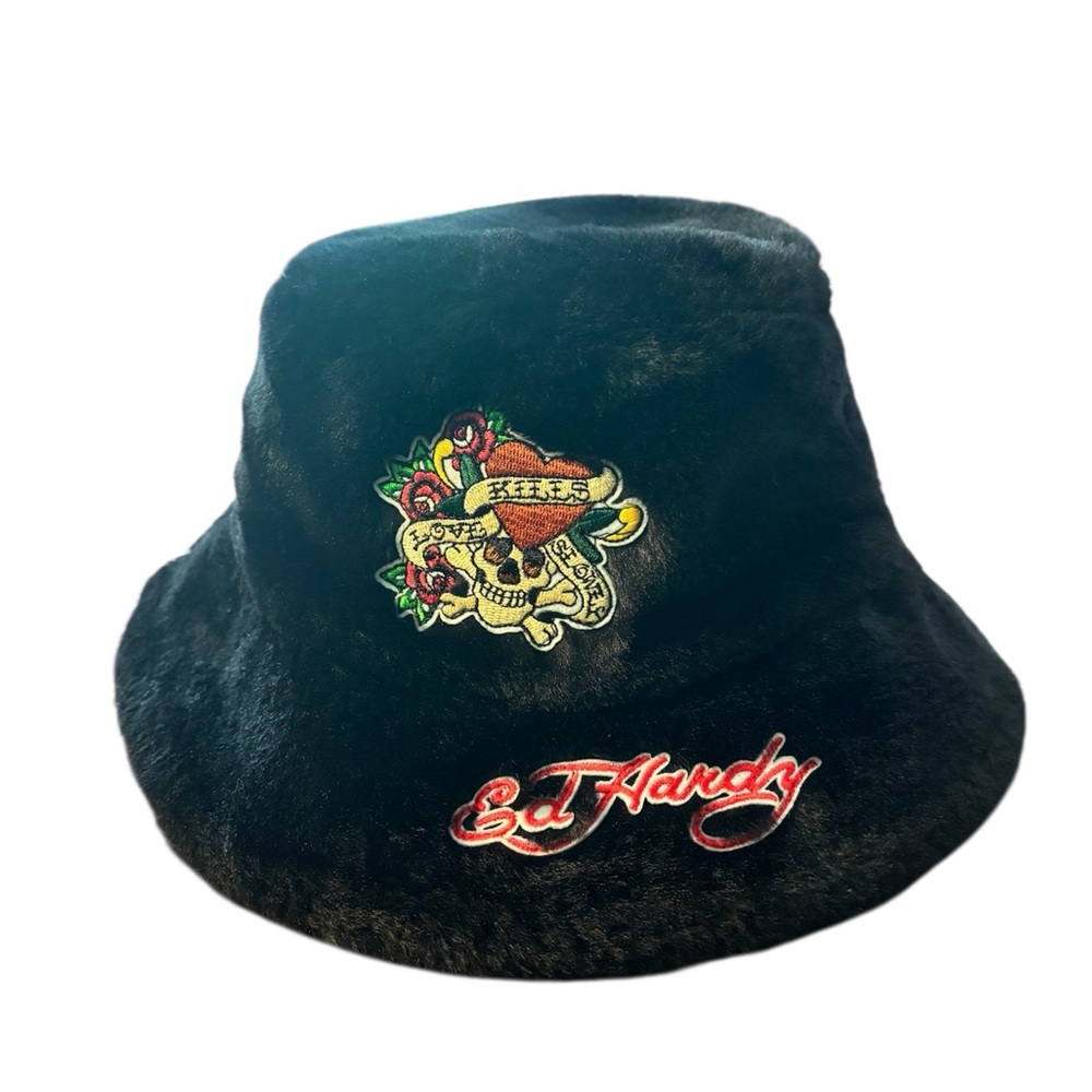 NWT Ed Hardy Black Faux Fur Bucket Hat with Colorful Tattoo Patch| Y2K